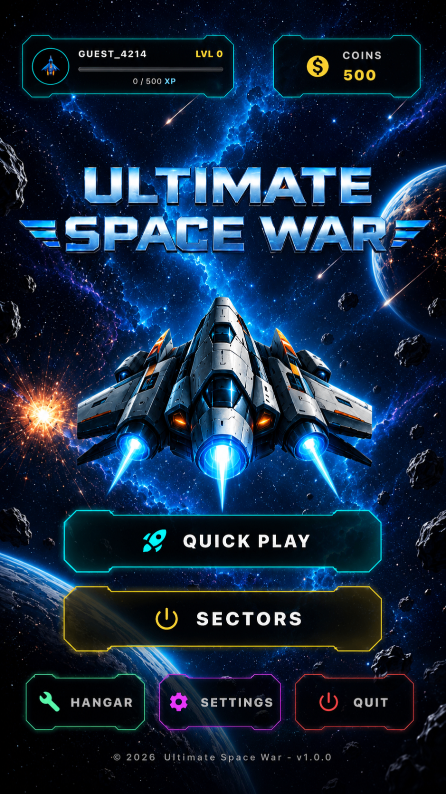 Main menu of Ultimate Space War showing pilot profile and quick play