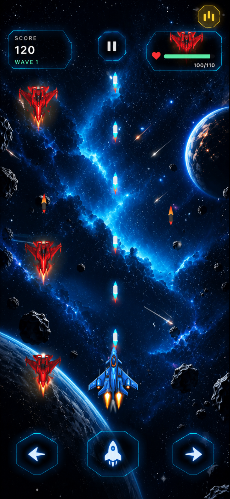 Live gameplay showing the player ship firing at red alien fighters